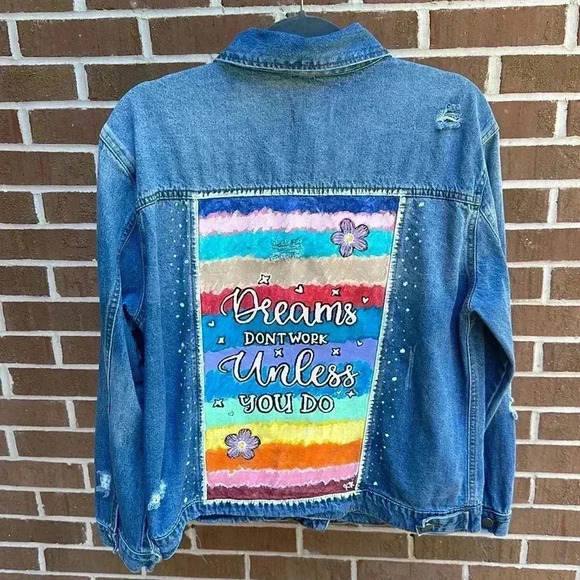 Hand-Painted Colorful Graphic Upcycled Jean Jacket-Black Label-Large - Picture 2 of 6